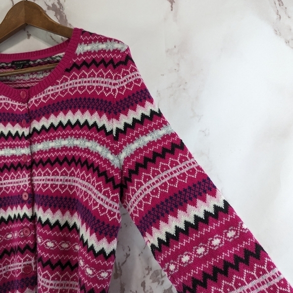 Talbots Cardigan Womens Medium Pink Lambs Wool Sweater Fair Isle Stripe Nordic - Picture 11 of 11